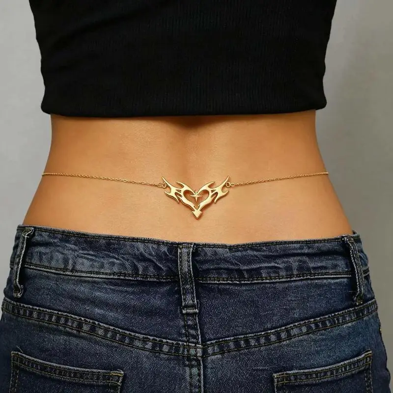 Punk Gothic Heart Flame Waist Chain Comfortable Metal Body Chain Fashion Jewelry for Summer Bikini Pool Party