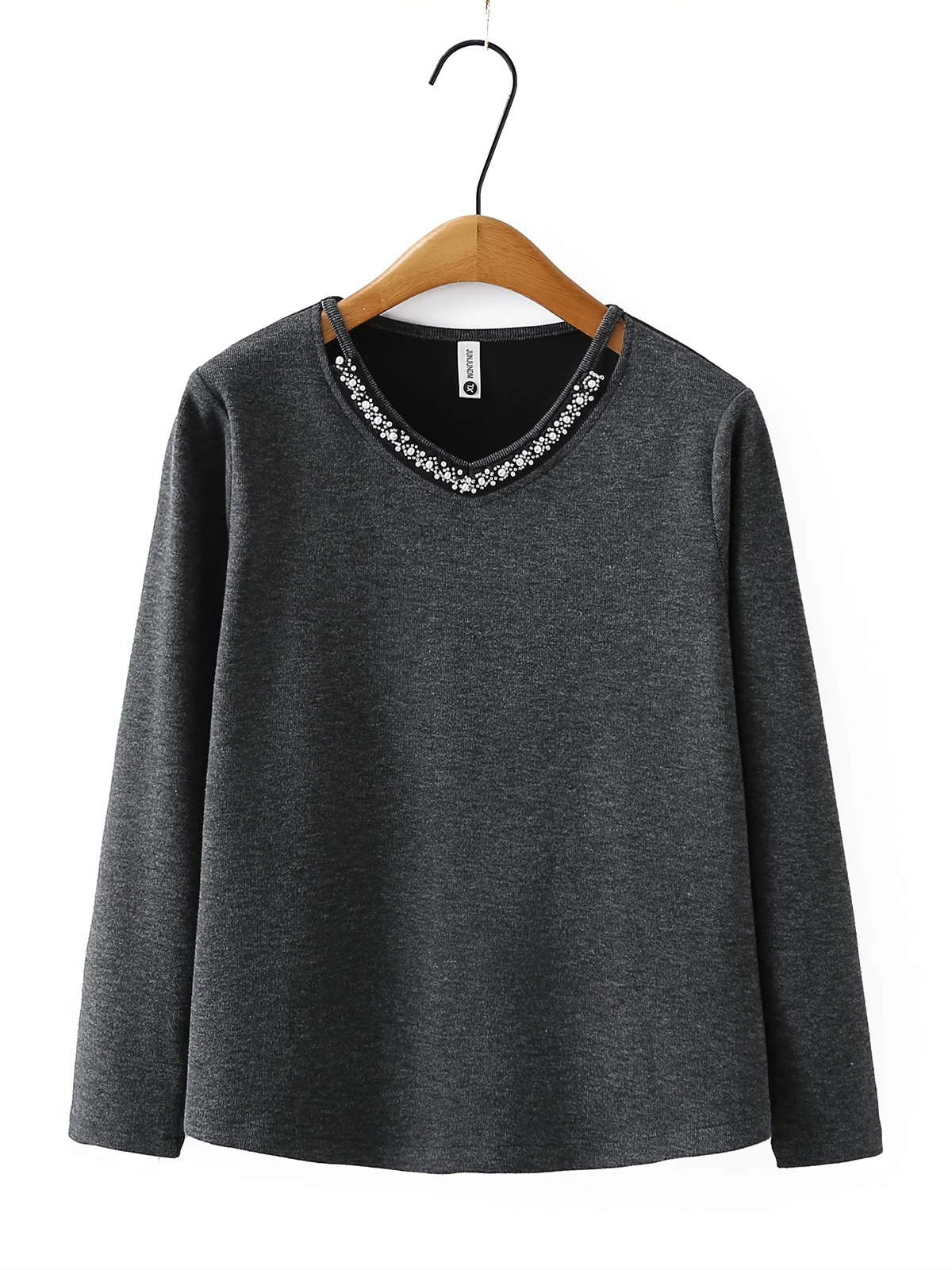 plus Size Winter New Vintage Style Hollow out V-Neck Beaded Long Sleeve T-Shirt Women Slimming Belly Covering Fleece Lined Ba...
