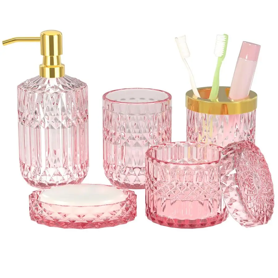 

Bathroom Accessories Set, 5Pcs Clear Glass Pink Bathroom Decor with Lotion Soap Dispenser, Soap Dish, Tumbler, Cotton Swab Jar,