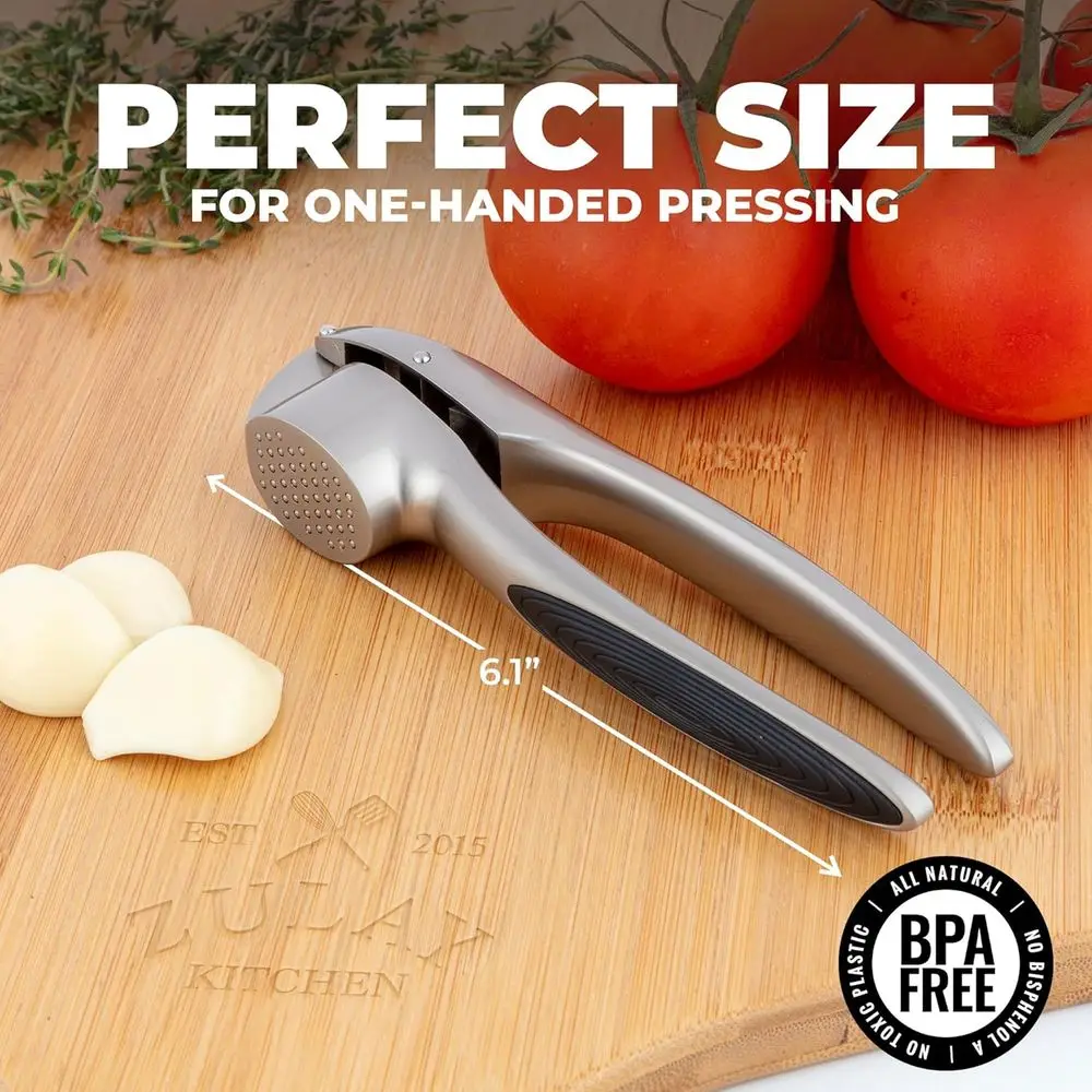 Garlic Mincer with Silicone Peeler and Brush, Easy Squeeze, Ergonomic Handle, Silver, Medium