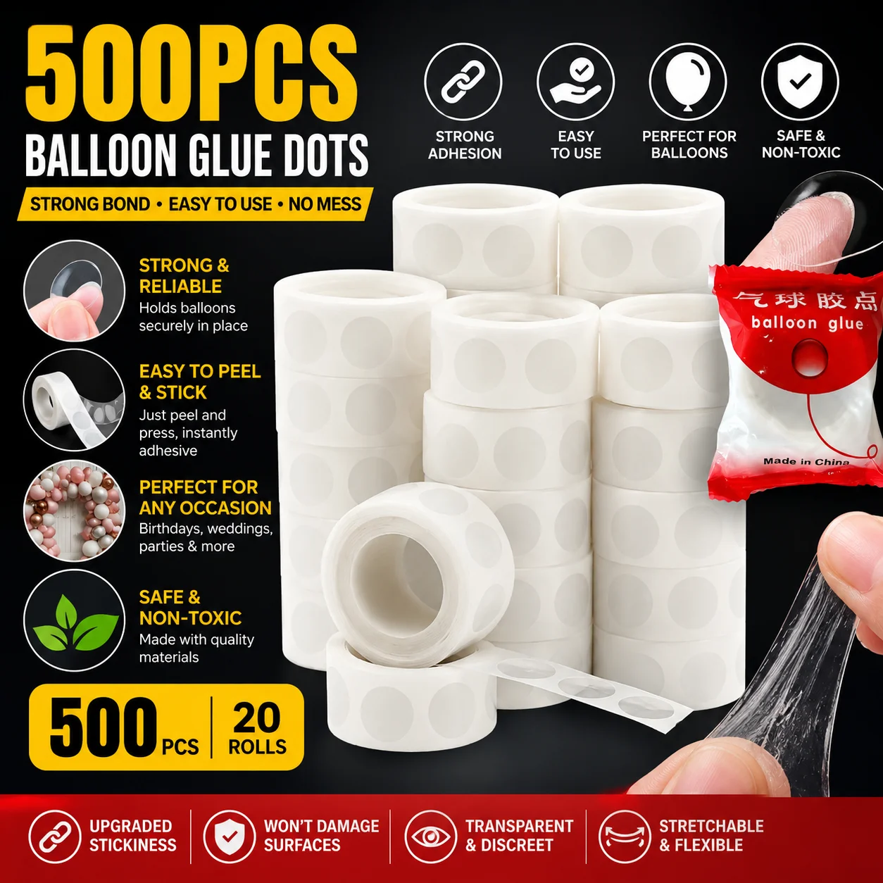 100-500Pcs Double Sided Balloon Glue Dots Transparent Strong Adhesive Stickers Removable No Trace Sticky Point Tape Practical Balloon Fixing Accessories For Birthday Wedding Festival Party Balloon Arch Wall Decoration Supplies