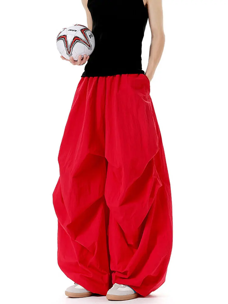 

Red Pleated Wide Leg Pants Men's American Lazy Sle Knife Loose Straight Casual Trousers Floor Length Tapered Long Pants