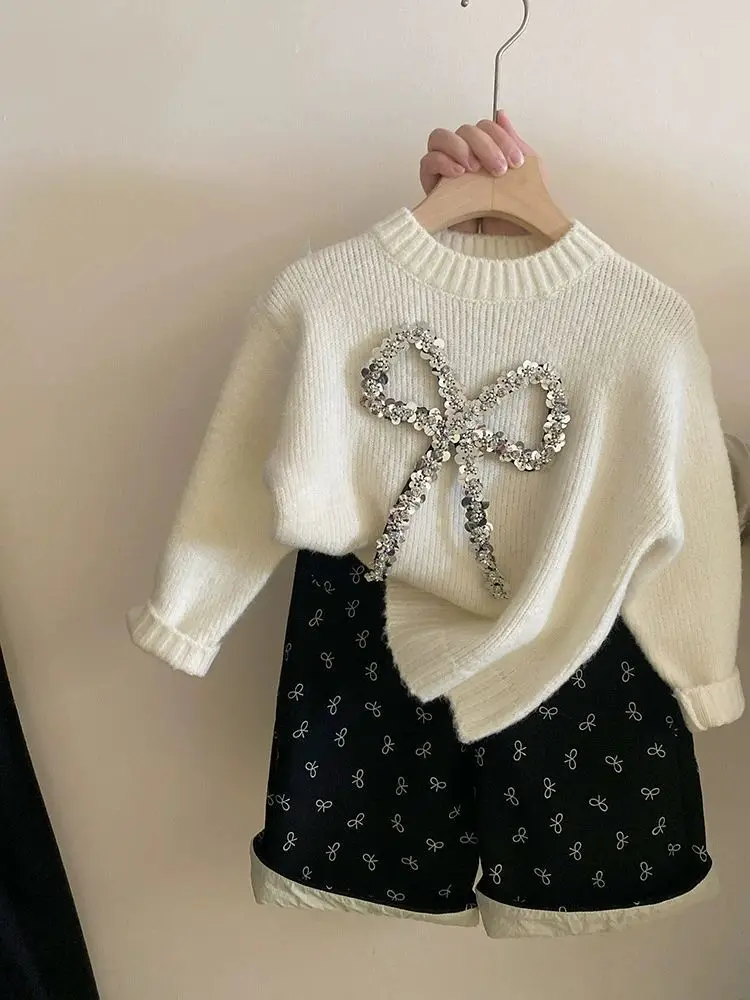 

Korean Style Baby Girls Bow Sequin Sweater Girls Suit 2024 Winter New Childrens Wear Full Inca Velvet Pants Two-piece Set