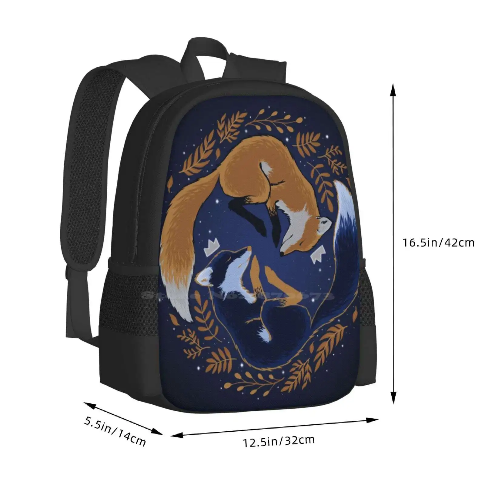 Bolsa de diseño con patrón de zorros nocturnos, mochila para estudiantes, zorro, noche, bosque, hoja, Rey, estrellas doradas