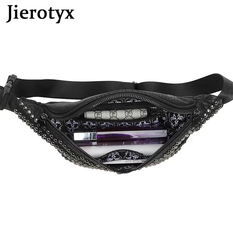 JIEROTYX Womens Black Studded Bags Faux Leather Waist Bag Fanny Pack Y2K Money Bum Bag Hip Belt Gothic Style Vintage Rivet