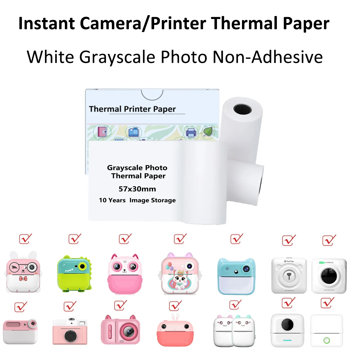 

3 Rolls 57x30mm White Grey Non-Adhesive Thermal Rolls - Fade-Resistant & BPA-Free for Portable Printers/Kids Cameras