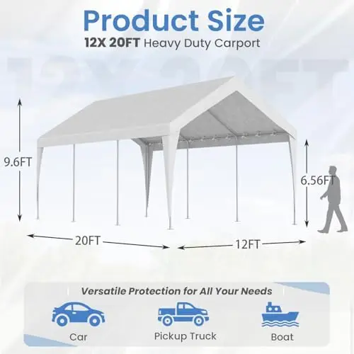 12x20 FT Heavy Duty Carport Canopy, Portable Garage Shelter with Galvanized Steel Frame - All-Weather Shelter for Car