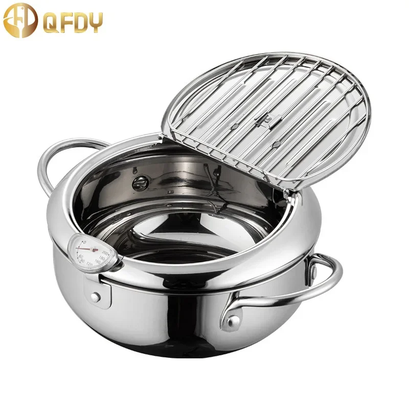 

304 Stainless Steel Kitchen Tempura Fryer Pan 20 /24 /28cm Japanese Deep Frying Pot with a Thermometer and a Lid