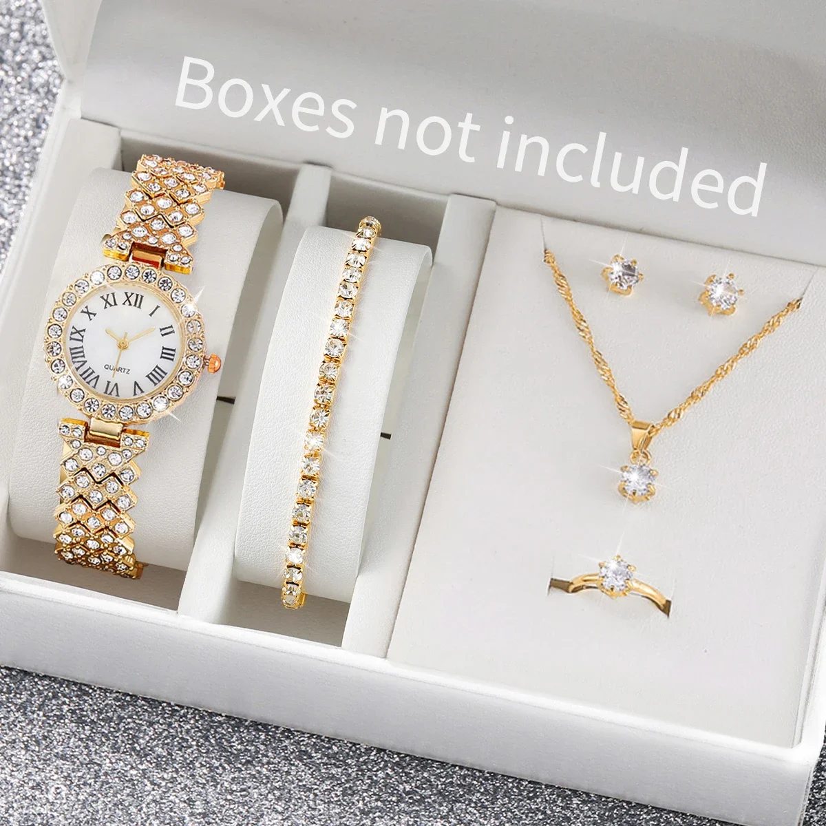 6-piece Women's Fashion Luxury Crystal Roman Dial Quartz Watch Jewelry Set (Without Watch Box)