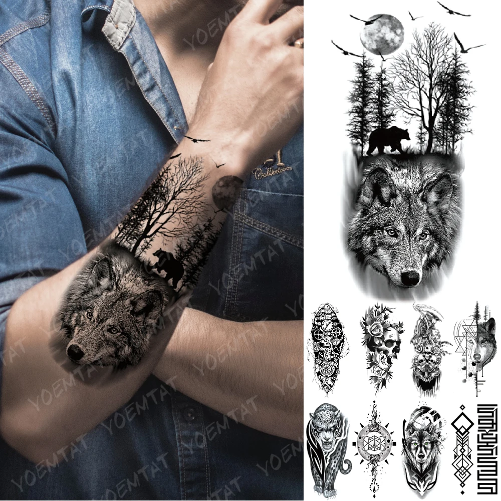 

Lobo Temporary Tattoo Sticker Timber Wolf Bear Eagle Crow Black Fake Tatu Arm Shoulder Hand Sleeve Men Women Glitter Tato Kids