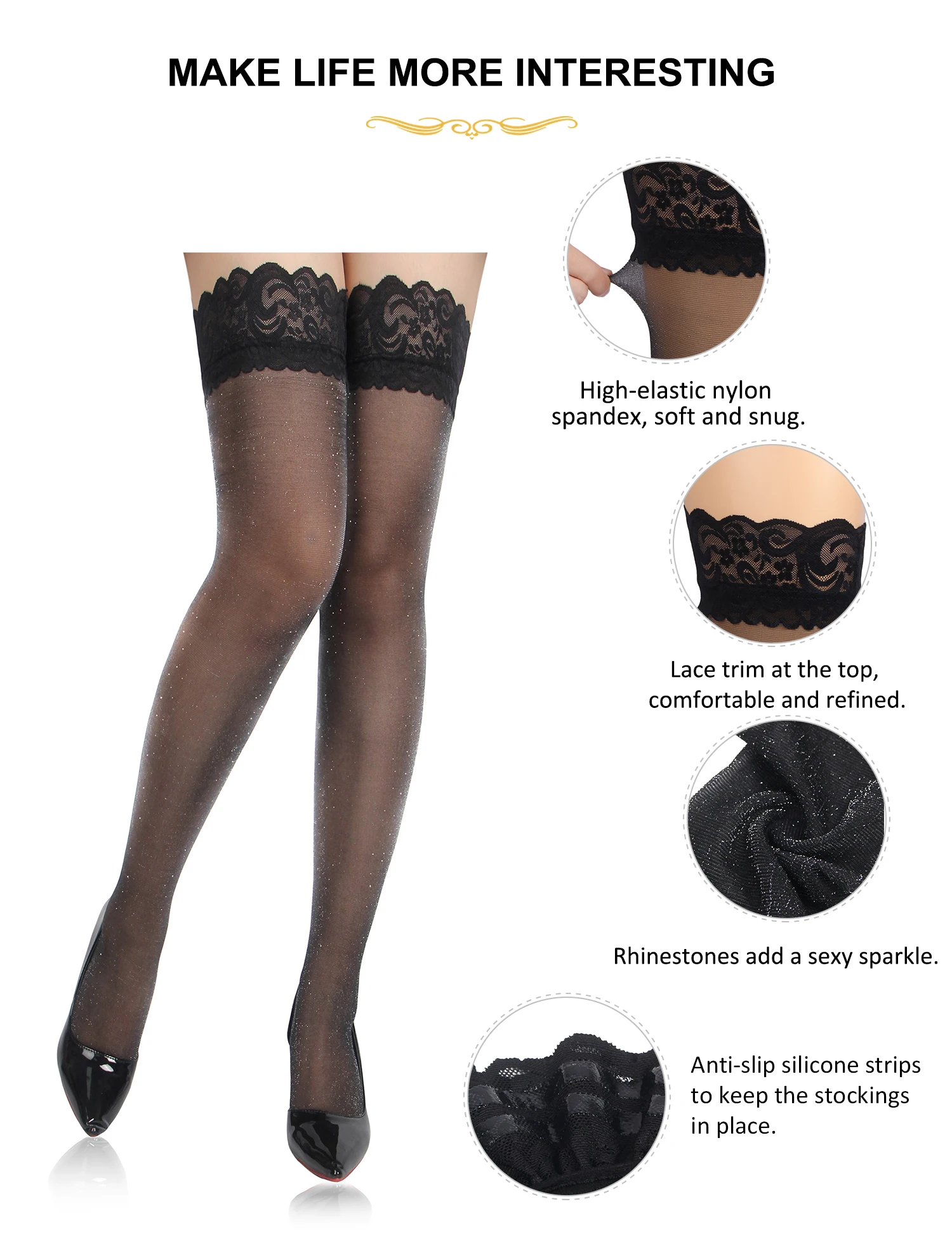 Ohyeahlady Solid Black Women's Stocking Stretch Floral Lace Pearlescent Sock See Through Plus Size Stockings with Silicone Strap - Image 5
