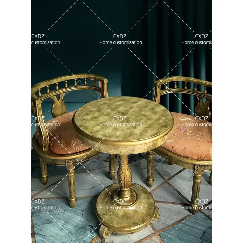Solid Wood Round Negotiation Table with Single Sofa Armchair Retro Living Room Casual 3 Piece Set