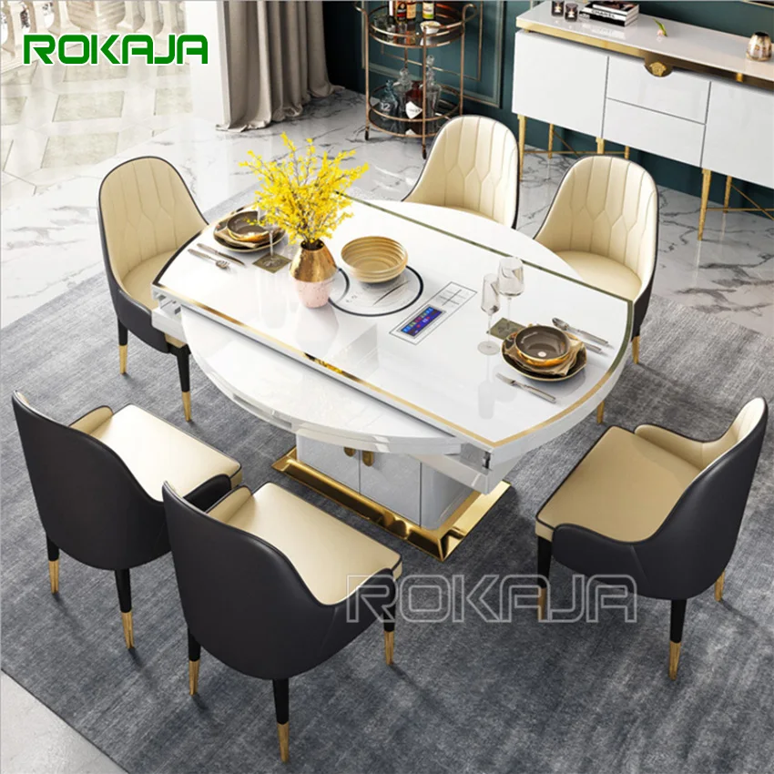 Luxury Extendable Dining Table With Storage Induction Cooker Tempered Glass Mirror Round Rectangle Dining Table Set