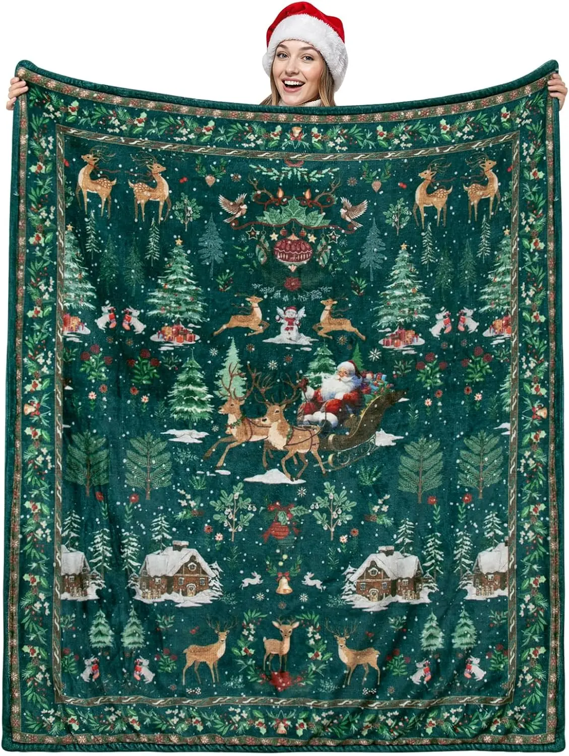 Christmas Santa Reindeer Snow Scene Throw Blanket Holiday Design for Living Room Decor Gift for Her FestiveStyle