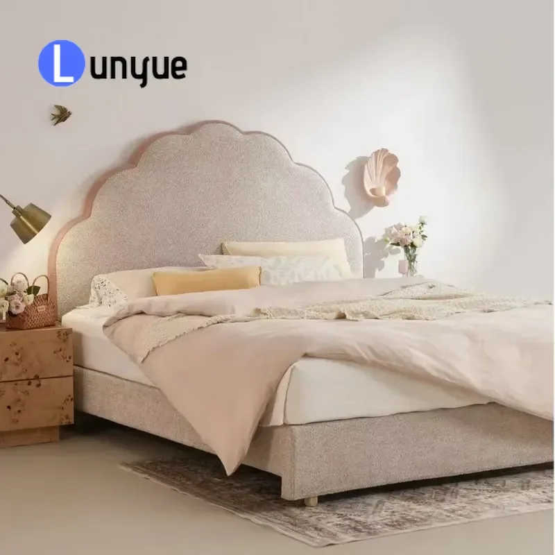 Modern Upholstered Bed with Curved Headboard Flat Edge Fabric Platform Bed Frame for Bedroom Contemporary Design Comfortable