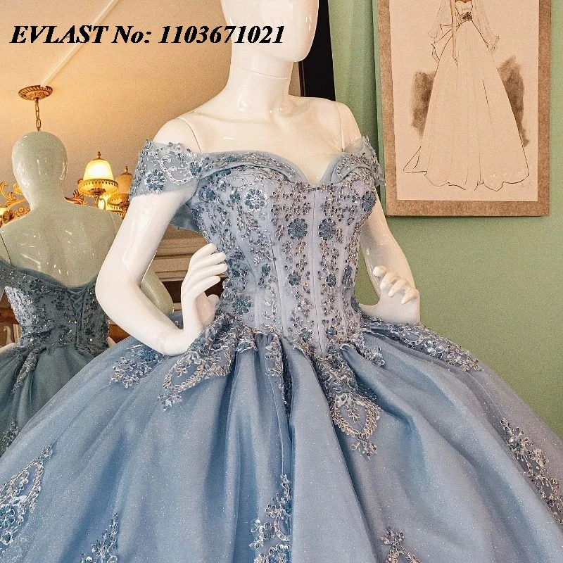 Evlast funkelnd blau Quinnce anera Kleid Ballkleid glänzende Spitze Applikation Perlen Mexiko Korsett süß 16 Vestidos de 15 Anos sq625