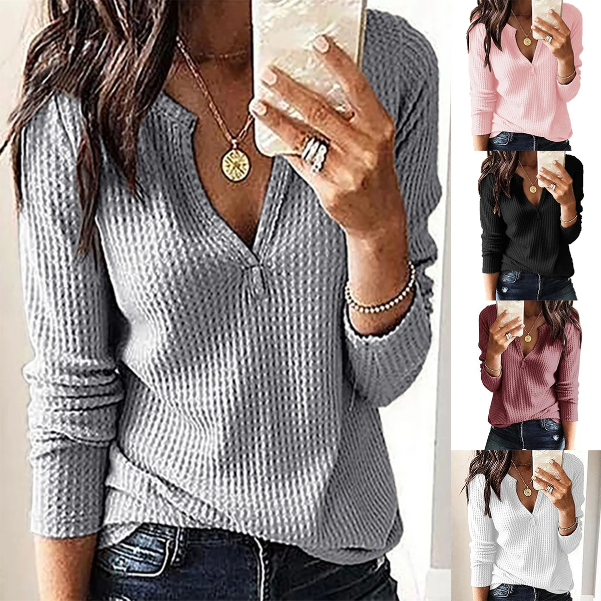 

Solid Street Style Polyester Spring/Autumn Pullover V-Neck Long Sleeve Rock Women None