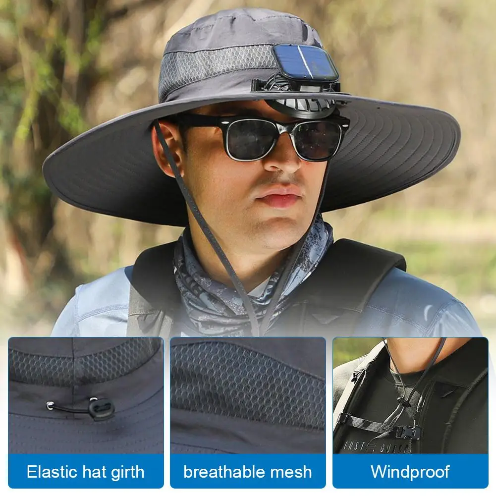 Hands Free Solar Fan Hat Large Brim Strong Wind Rechargeable Sun Protection Cap for Men Fishing Hiking Outdoor