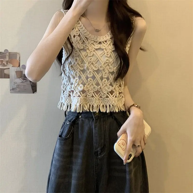 Hook Flower Hollow Out Knitted Camisole Women Summer New Embroidery Solid Sleeveless Vest Korean Style Chic Tassel Crop Tops