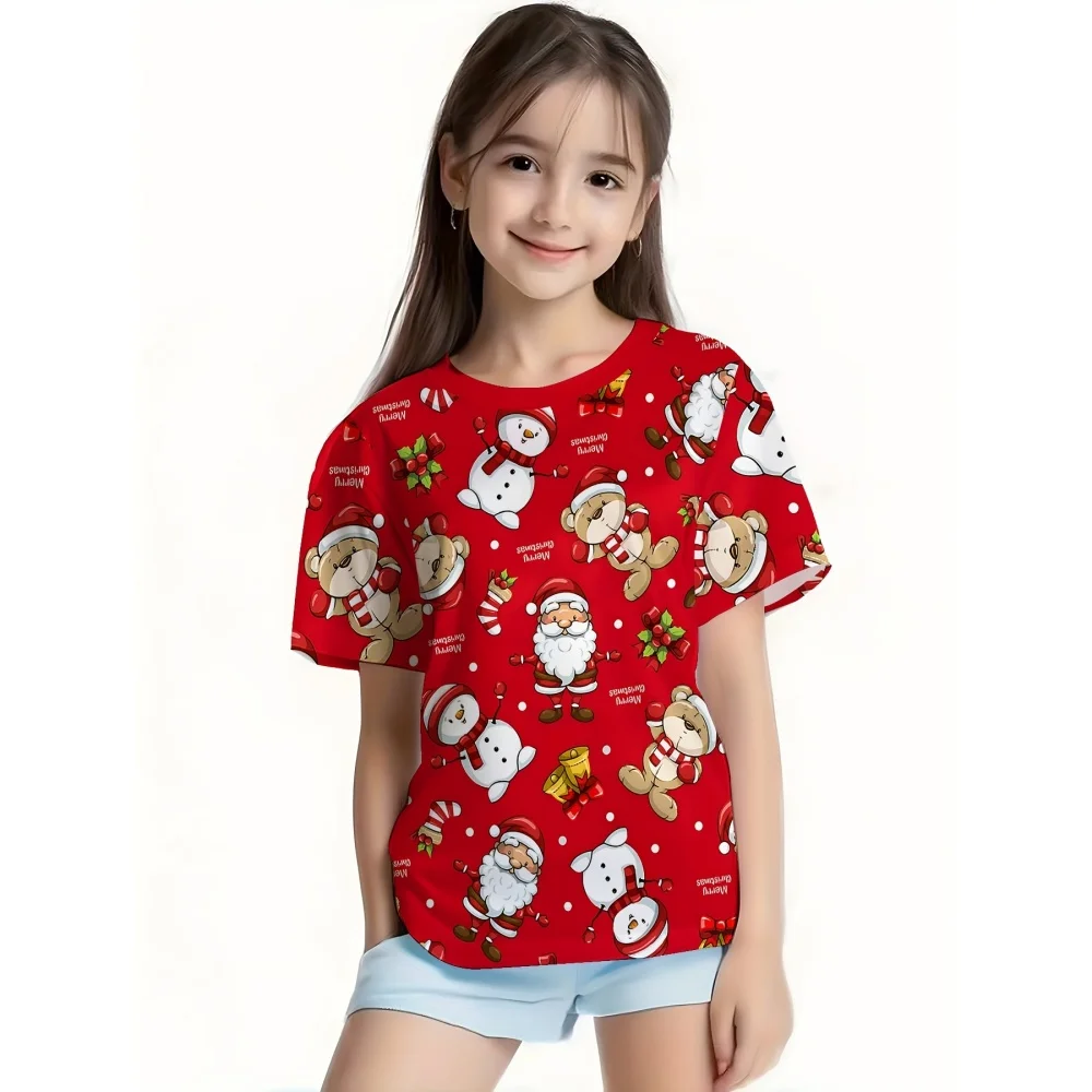 2025 T-Shirt for Girls 3D Printed Christmas Featuring Santa Claus Short Sleeve Round Neck Casual Christmas Clothes for Girls Top