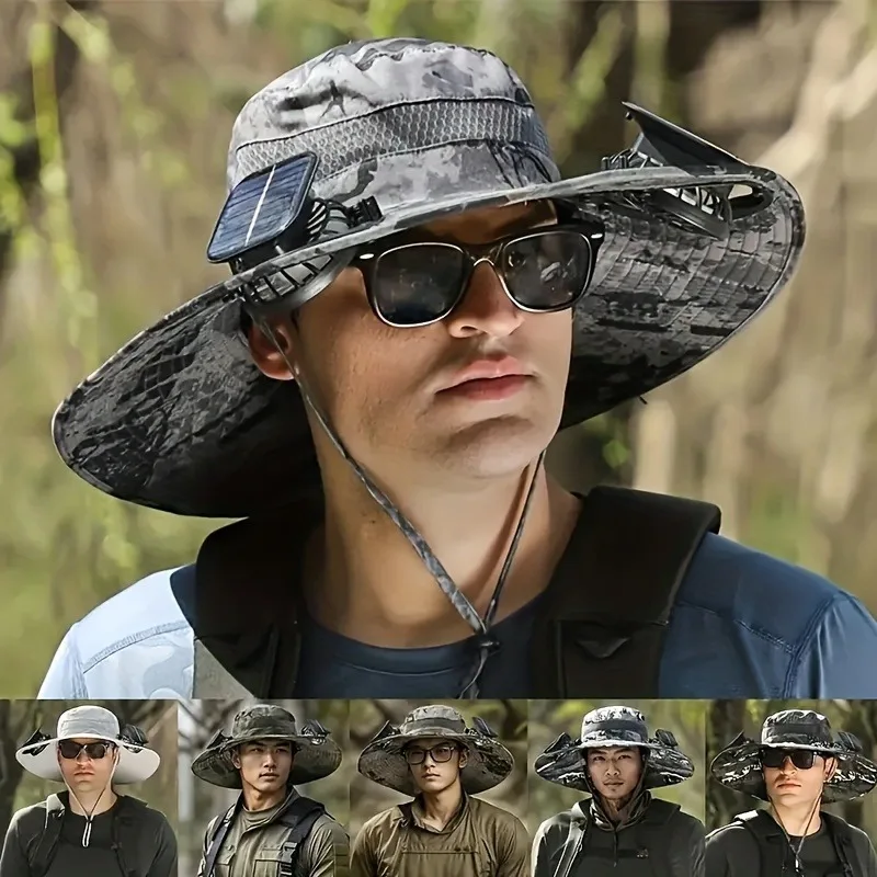 1pcs Wide Brim Solar Fan Outdoor Fishing Hat Adjustable Sun Protection Lightweight Breathable Fabric for Hiking Camping Travel