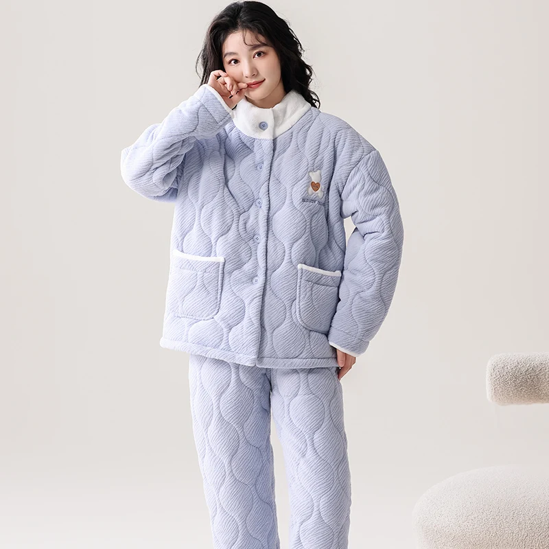 Newest Women Clothing Winter Three Layer Clip Cotton Pijama Female Thick Sleepwear