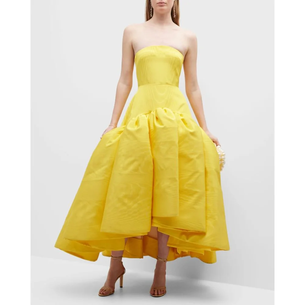 

Yellow Strapless Ankle-Length Dresses Pleated Ruffles Long Dress Sleeveless Asymmetrical Gowns For Woman Evening Party Dresses