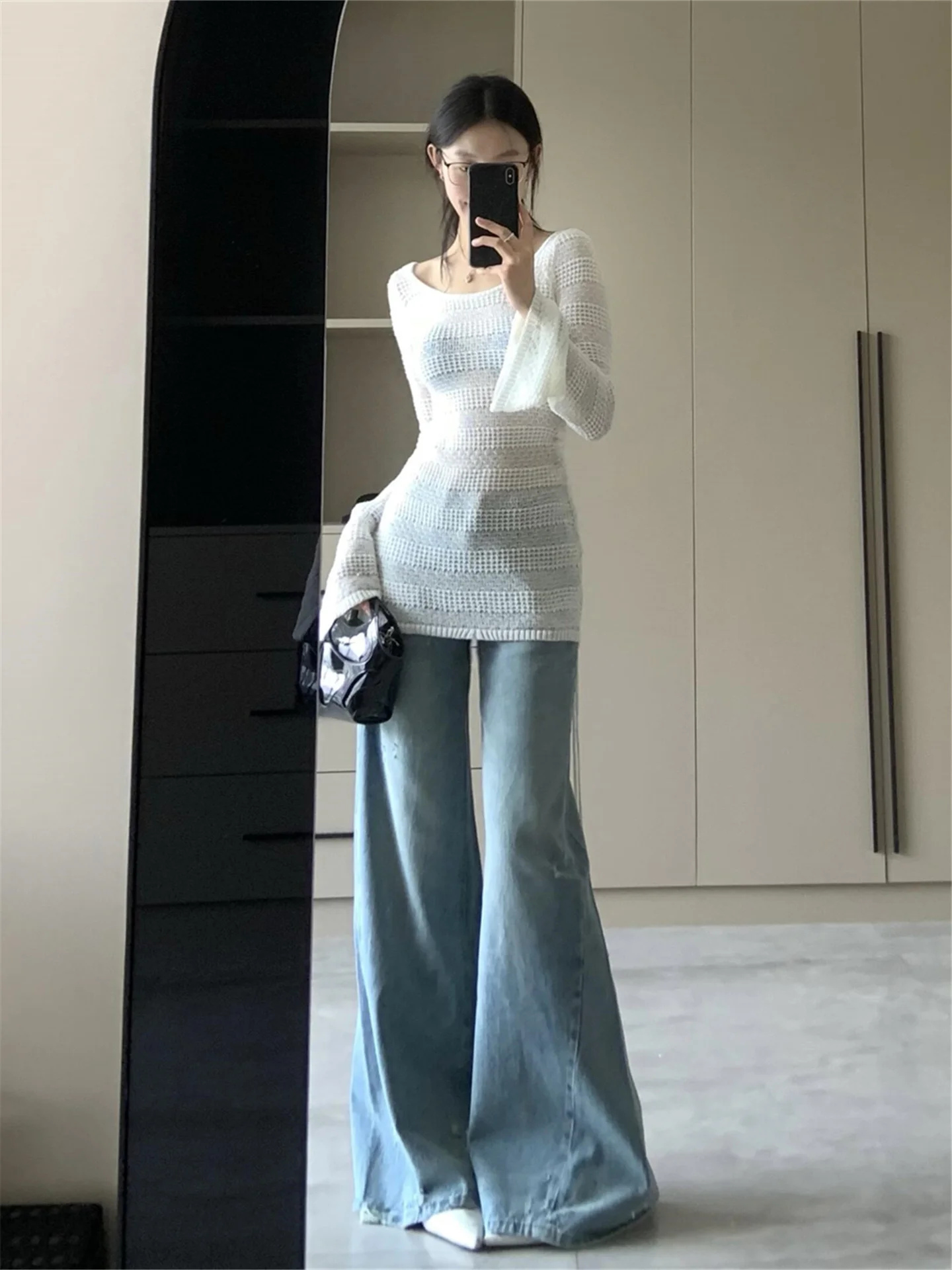 

American Style Vintage Low Waist Bell Bottom Jeans Women's Loose Slimming Faded Wide Leg Pants Casual Cotton Denim Jeans