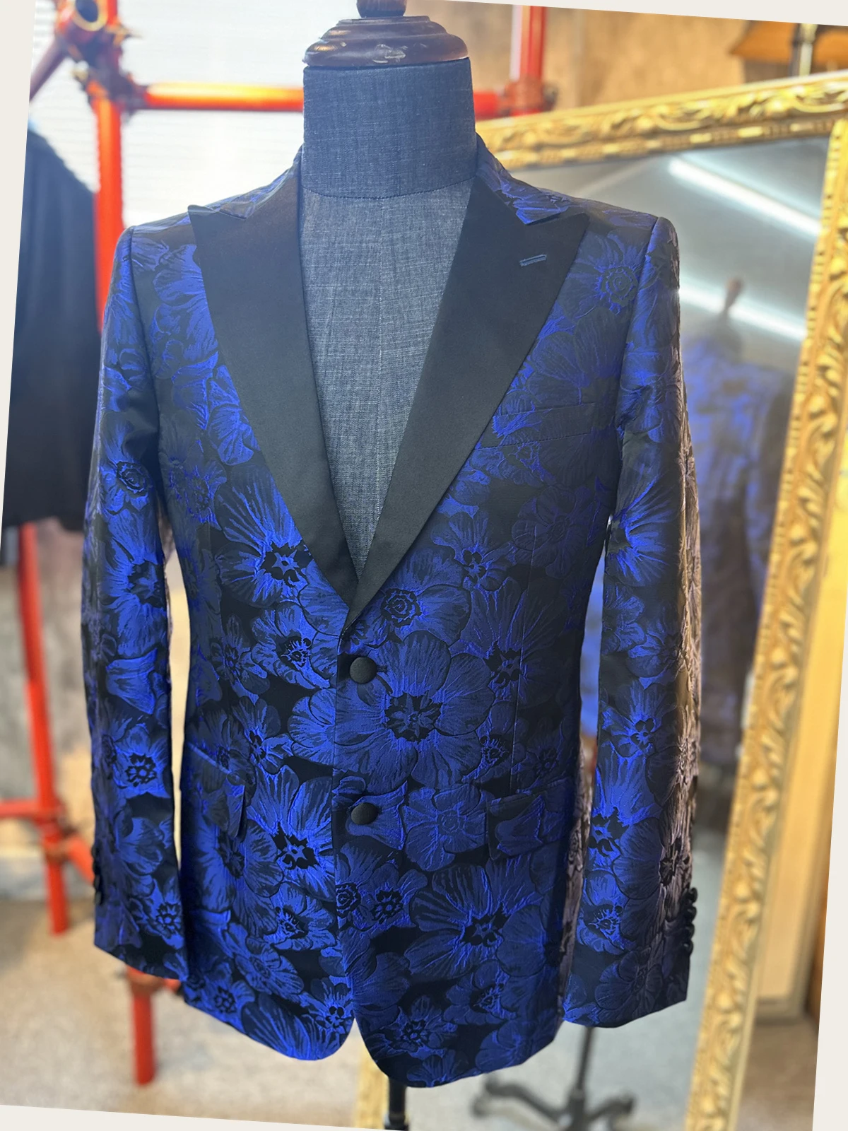 Royal Blue Jacquard Jacket Black Pants 2PCS Men Suit Set Slim Fit Formal Wedding Groom's Suit Business Casual Male Clothing