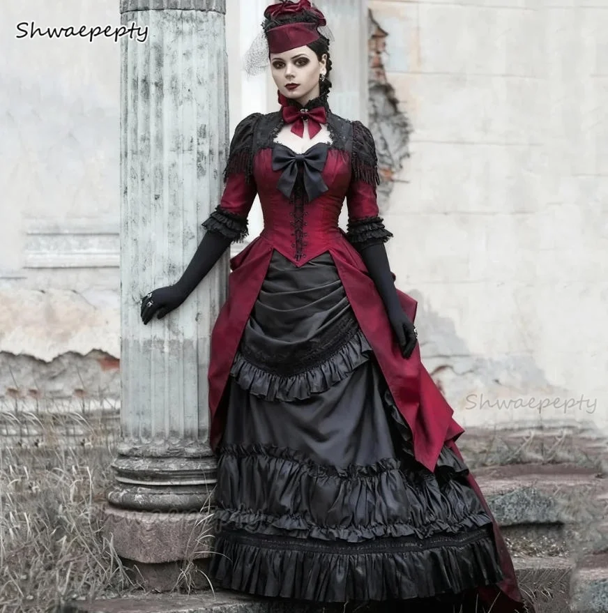 Vestido de baile gótico steampunk, preto e borgonha, espartilho, tafetá, vestido de noite vitoriano, meia manga, fantasia de baile personalizada