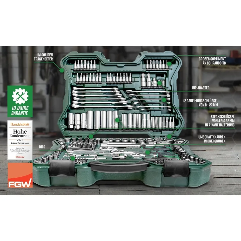 Mannesmann M98430 - Maletín con llaves de vaso yastas Herramientas (215 قطعة، حجم: 12x36x51 سم)، اللون Verde Mannesmann