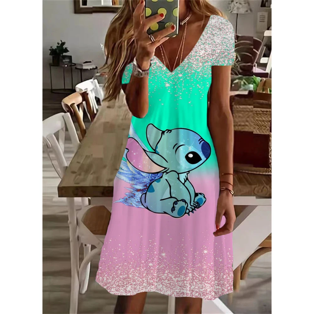 2024 Summer Women\'s Disney\'s Lilo & Stitch Print Dress Knee Length V Neck Female Casual Elegant Dress Fashionable Design New Y2K