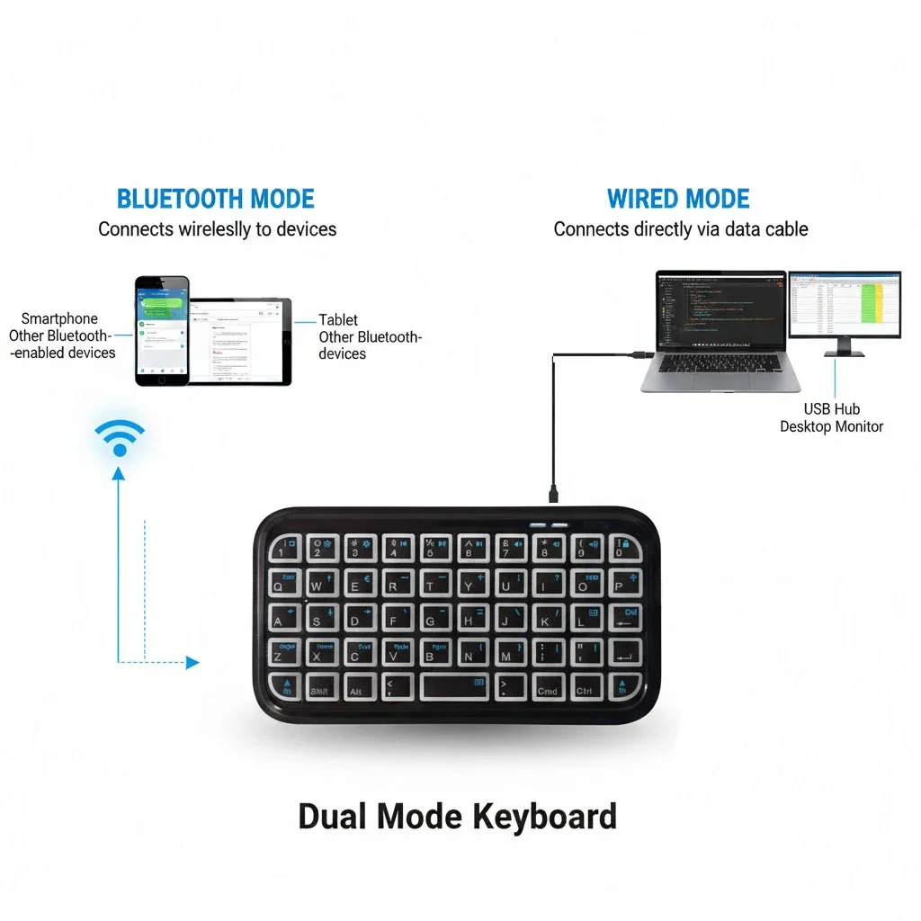 Dual-Mode (Bluetooth + Wired) RGB Backlight Keyboard Mini Rechargeable Type-C Pocket Portable 49 Keys for Tablets Smartphones