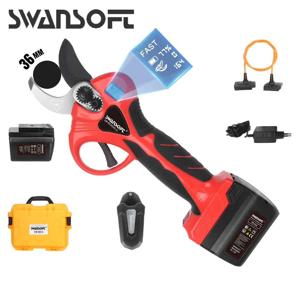 SWANSOFT Akku-betriebene elektrische Astschere (Modell 8616) – Schnittkapazität 36 mm, bürstenloser Motor, inklusive 4-Ah- und 2,6-Ah-Akkus sowie Verbindungskabel; für Garten- und