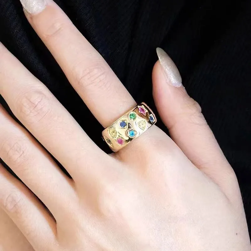 European and American Fashion Personality Double Row Color Zircon Geometric Gold Ring for Women 678 Size Versatile Jewelry Gift