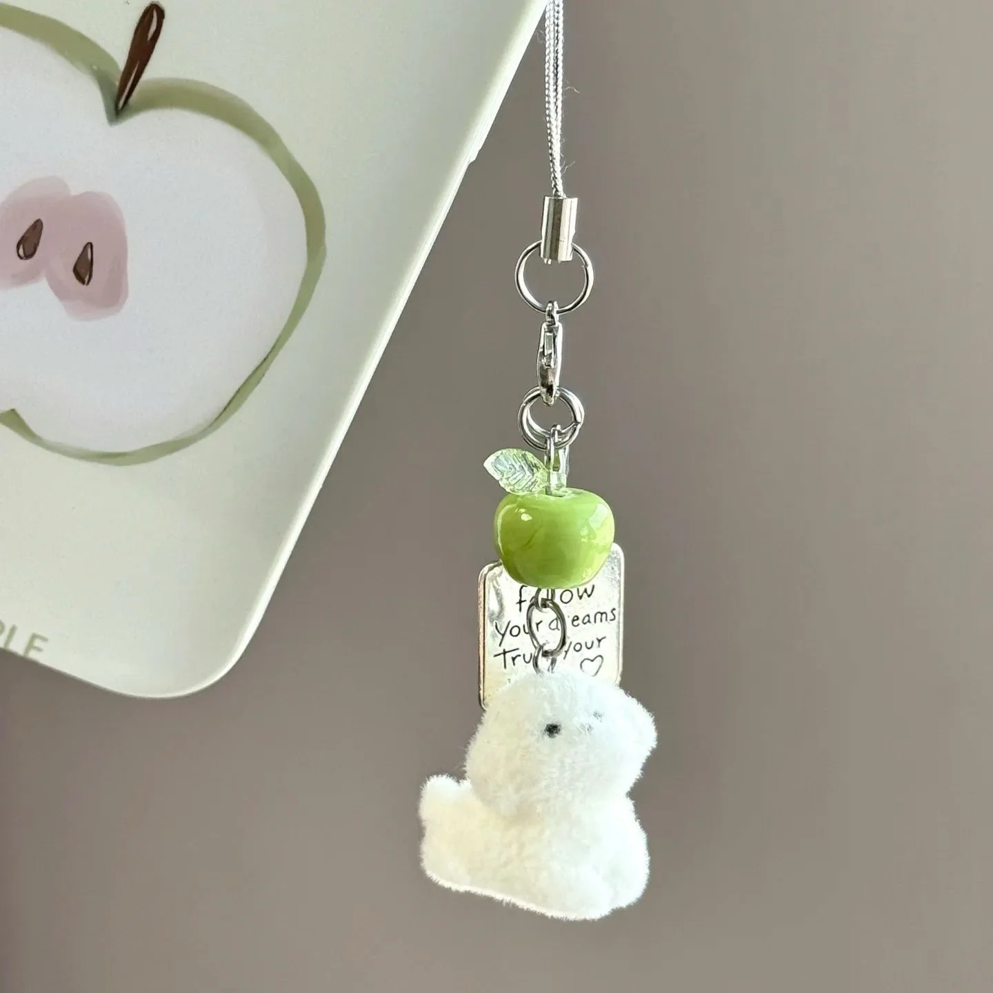 Apple And Flocked Dog Chain White Green Accessory Keychain Funny Cute Kawaii Bag Camera Pendant Fanshionable Versatile Simple