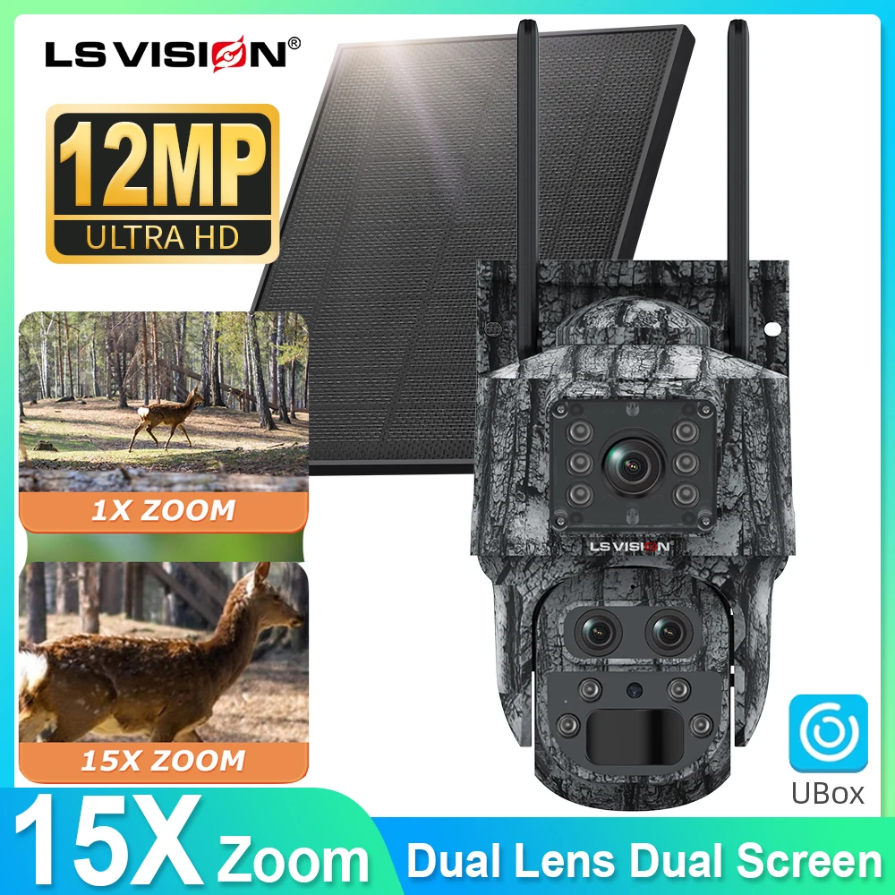 

LS VISION 15X Zoom Dual-Screen 4G LTE Cellular Trail Cameras Solar Outdoor Wifi Surveillance Camera Color Night Motion Activated