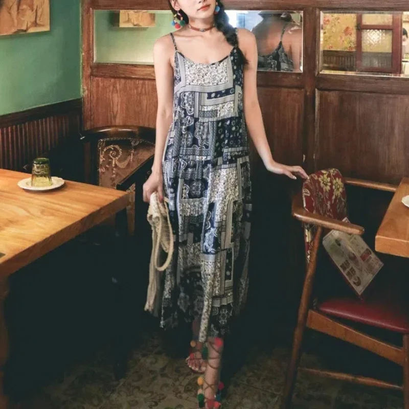 

Folk Women's 2024 Summer New Minimalist Patchwork Printing Fashion Elegant Loose Comfortable Sleeveless A-line Slip Dresses