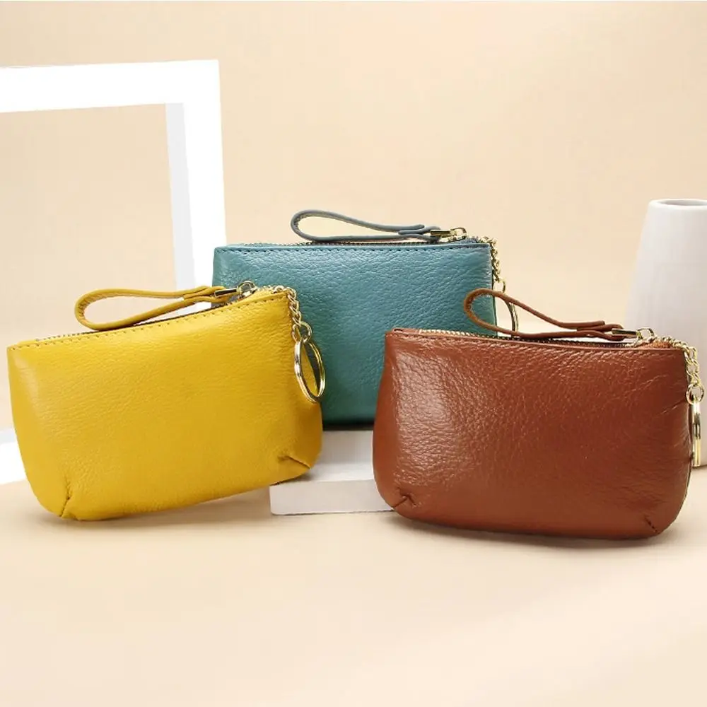 Fashion Cowhide Leather Wallets Solid Color Casual Keychain Wallet Simple Multi Functional Zipper Purses Women