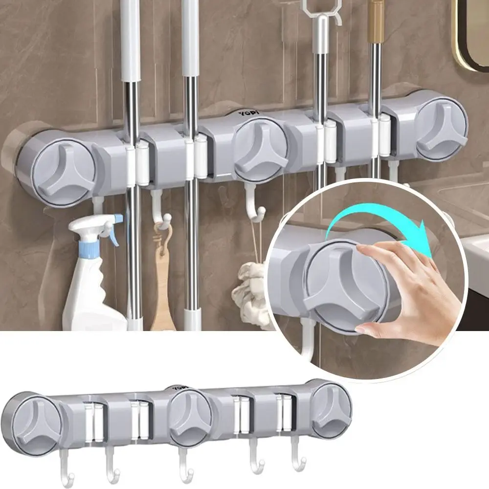 

4-позиционный держатель для швабры на присоске, прочный фиксированный, 5 крючков, подвесная стойка для швабры, экономия места, водонепроницаемый настенный зажим для швабры, гараж