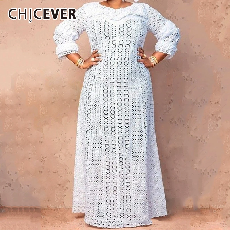 CHICEVER Hollow Out Solid Loose Casual Dreses For Women Round NeckThree Quarter Sleeve Minimalist Dress Female Fashion Style New