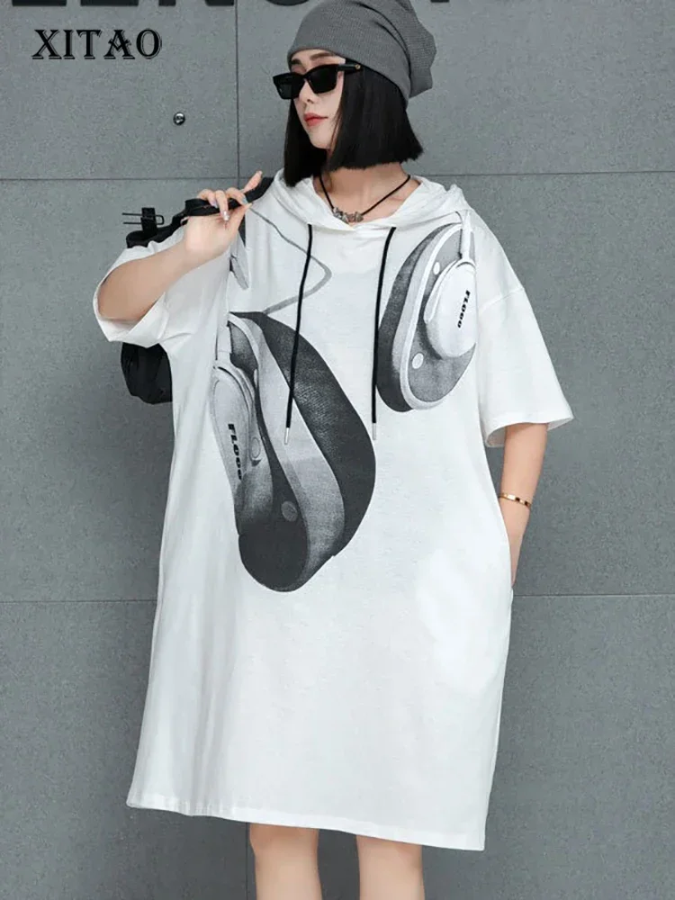 XITAO Print Hooded Pocket Contrast Color Dress Short Sleeve Patchwork Loose Slimming Knee-Length Casual All Match Dress GMM1191