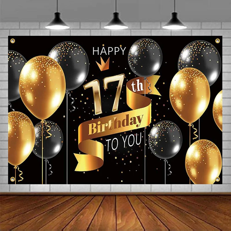 

Photography Backdrop Happy 17th Birthday Party Background Banner Decorations Supplies For Boys Black Gold Poster