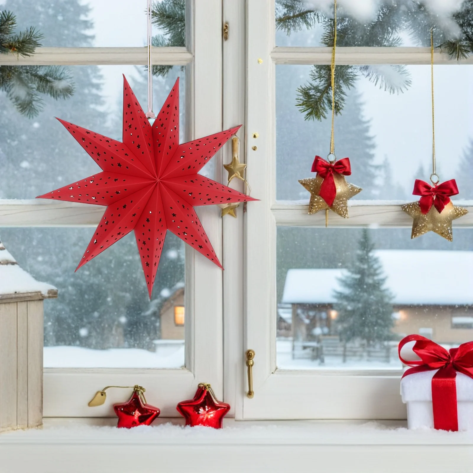 فوانيس نجمة ورقية مضيئة ثلاثية الأبعاد مكونة من 9 نقاط: غطاء مصباح معلق مجوف لعيد الميلاد وحفلات الزفاف والديكور الداخلي والخارجي،