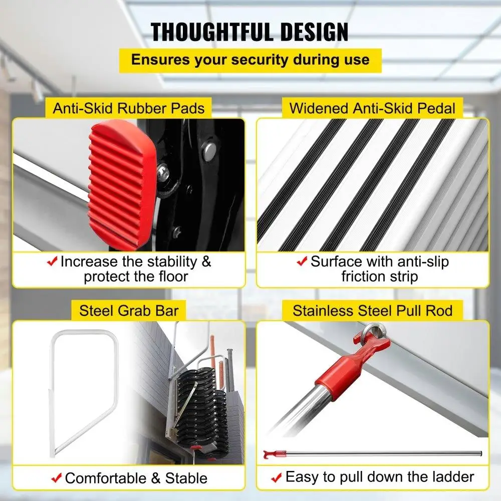 Pull Down per scale soffitta scala retrattile pieghevole a parete nera in lega a 12 gradini con braccioli 9,8 piedi