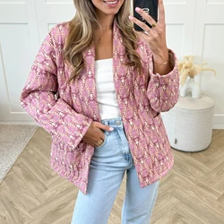 Combhasaki Women's Winter Y2K Vintage Loose Fit Padded Jacket Aesthetic Printed Open Front Quilted Long Sleeve Coat Cardigans