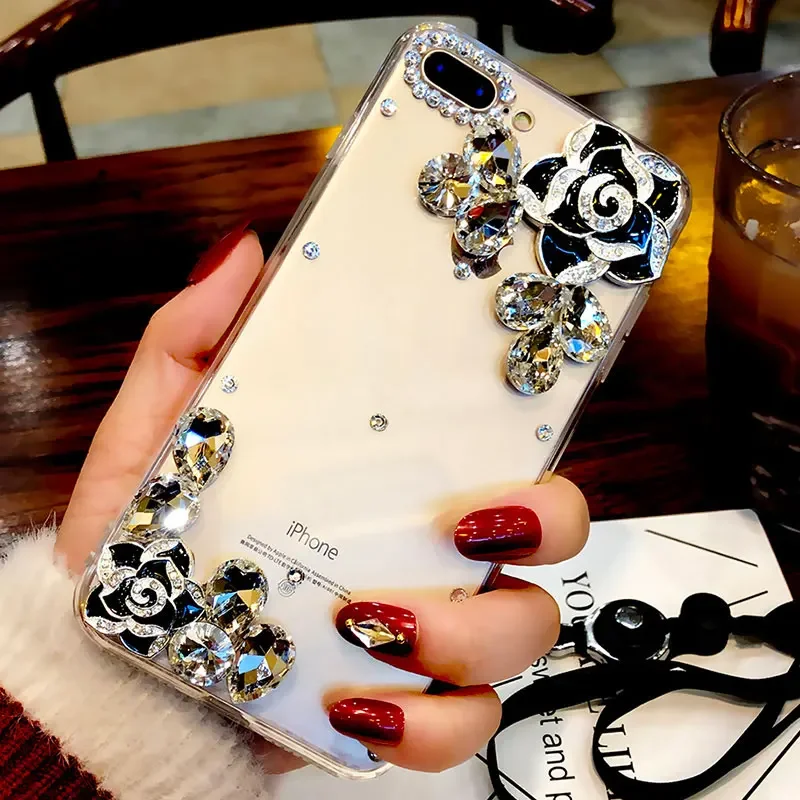 Rhinestone Diamond Case for Samsung S24, S10, S20, S21, S22, S23 Ultra, Note20, Camellia Flower Crystal Cover, Fashion Bling