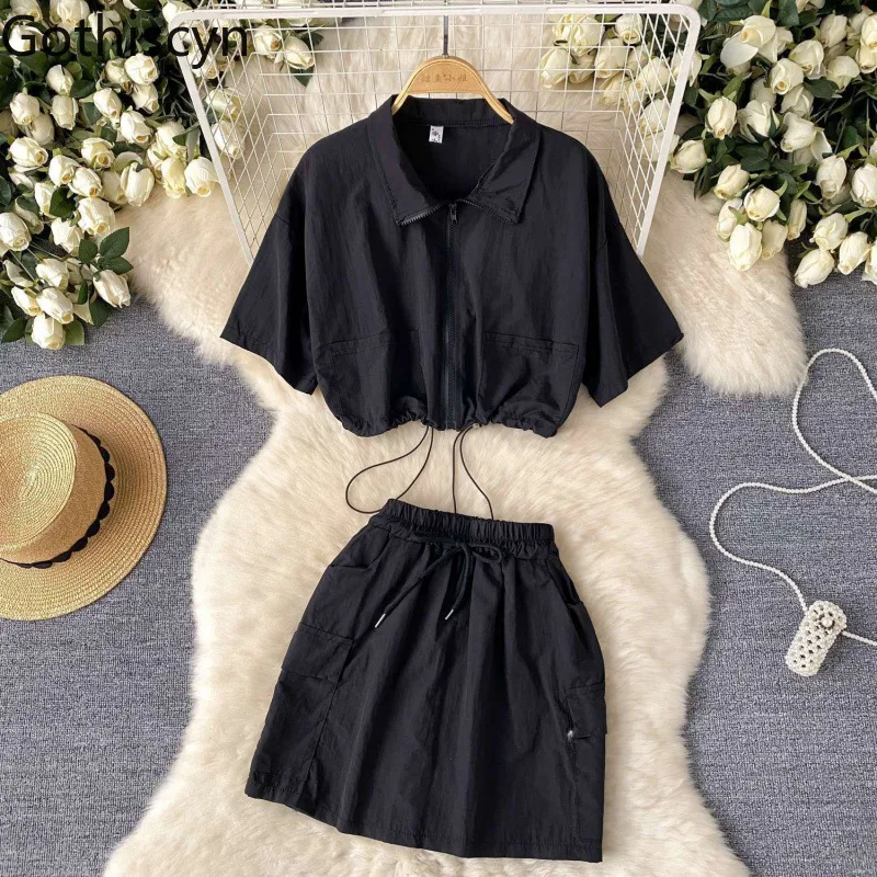 

Gothiscyn Casual Set Women's Summer Short-sleeve Drawstring Zipper Top High Waist Cargo High Waist Short Skirt Two-piece Set