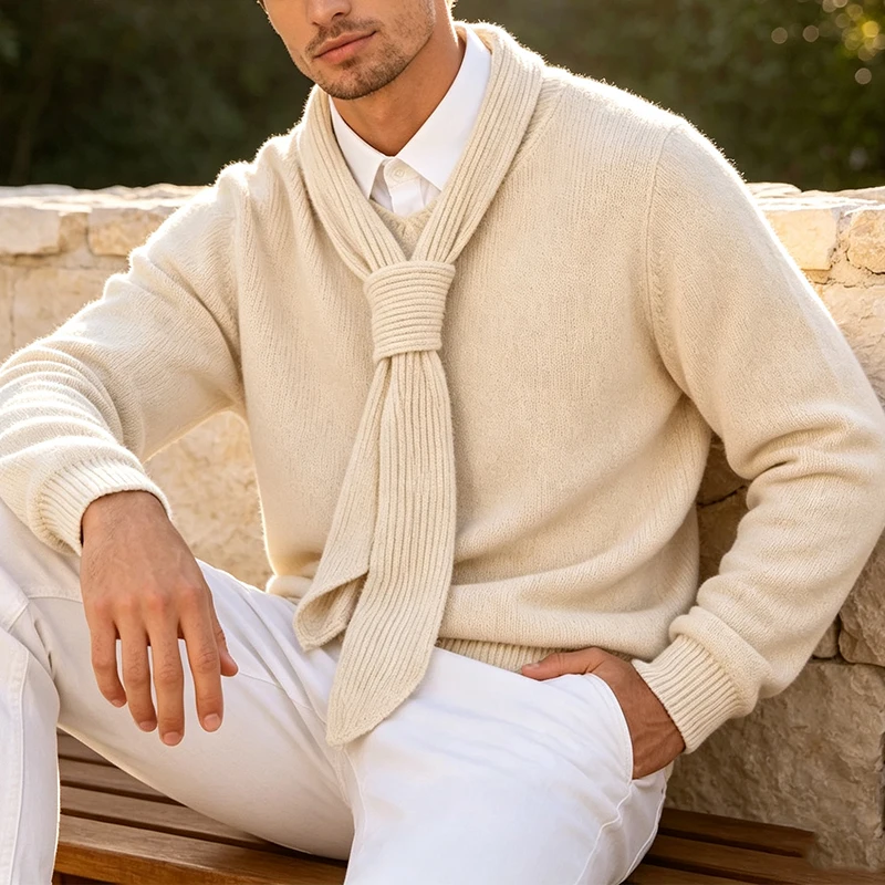 Retro Men Knitted Pullover Sweater Autumn Winter Stand Collar Attached Tie Design Solid Color Daily Mens Fashion Knit Tops Men
