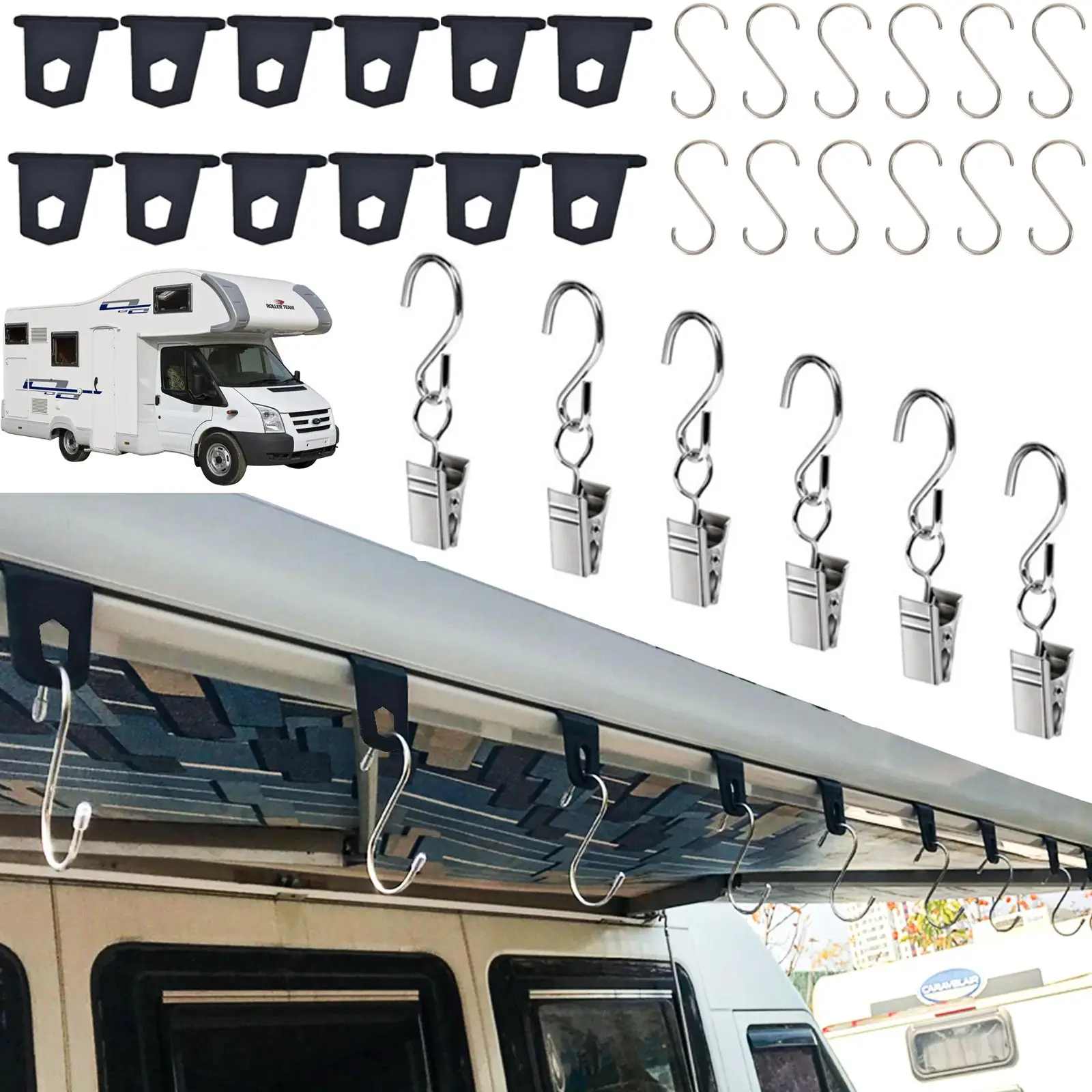 Für Fiat Ducato Van Wohnmobil RV Markise Haken Lichter Camping Kleiderbügel S-förmige Zubehör Set Camping Zelt Klemme Plane Clips Schnalle